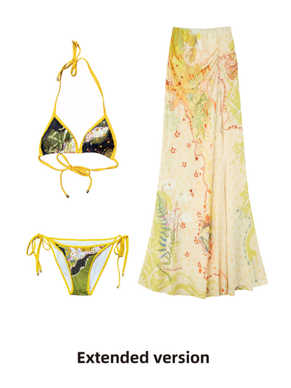 Tropical Floral Print Bikini Three-Piece Set with Scarf