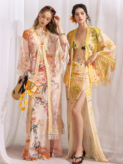 Tropical Floral Print Bikini Three-Piece Set with Scarf
